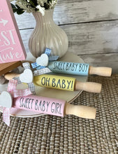 Load image into Gallery viewer, 7'' Baby tiered tray decor, mini rolling pin for tiered tray, Baby shower decor, nursery decor, baby shower tiered tray, its a girl, its a boy