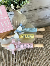 Load image into Gallery viewer, 7'' Baby tiered tray decor, mini rolling pin for tiered tray, Baby shower decor, nursery decor, baby shower tiered tray, its a girl, its a boy