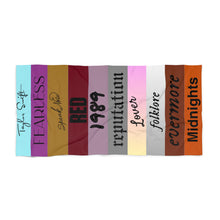 Load image into Gallery viewer, Taylor Albums Beach Title, Speak Now, Fearless, Evermore, Swifties Souvenir, Taylor Merch, Summer Beach Towel, Vacation Beach Towel
