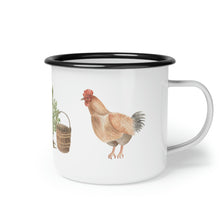 Load image into Gallery viewer, Enamel Camp Cup, Farmhouse Mug, Cottagemore Mug, Farmhouse style Coffee Mug, Chickens Camping Cup
