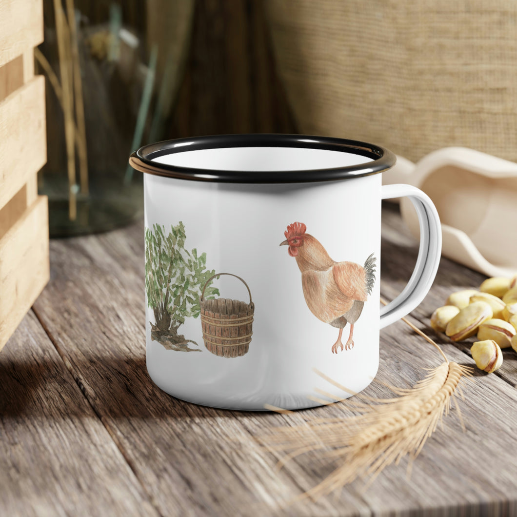 Enamel Camp Cup, Farmhouse Mug, Cottagemore Mug, Farmhouse style Coffee Mug, Chickens Camping Cup