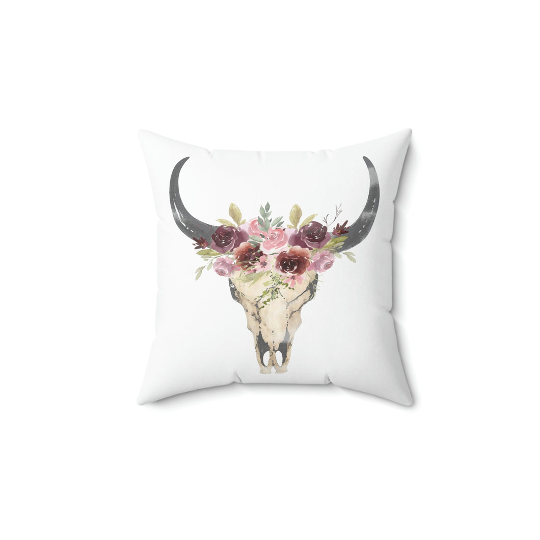 Boho Floral Cow Skull Square Pillow, Boho Throw Pillow, Farmhouse Pillow, Comfy Couch Pillow