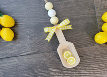 Load image into Gallery viewer, Farmhouse Lemon Canister Scoop Garland, Canister Scoop, Lemon Decor, Farmhouse Tiered Tray Decor, Lemons, Wood Scoop

